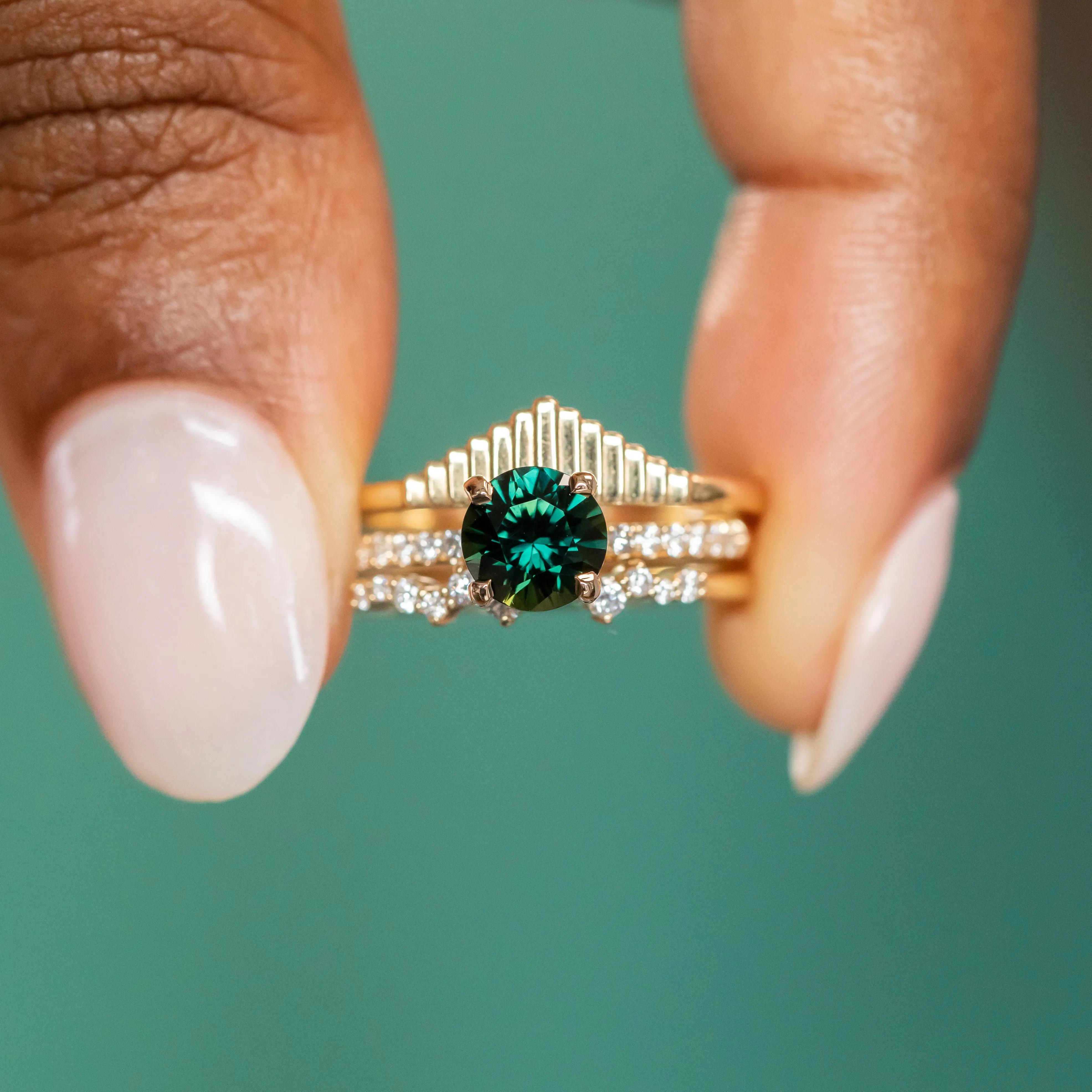 1.39ct Round Teal Green Nigerian Sapphire and French Set Diamond Solitaire in 14k Yellow Gold