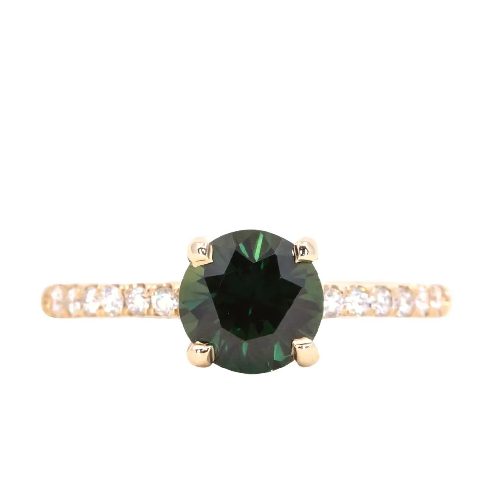 1.39ct Round Teal Green Nigerian Sapphire and French Set Diamond Solitaire in 14k Yellow Gold