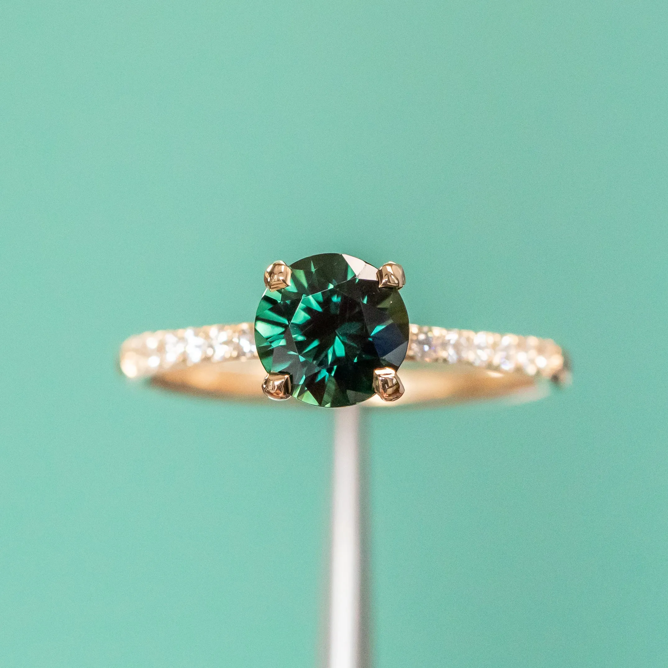 1.39ct Round Teal Green Nigerian Sapphire and French Set Diamond Solitaire in 14k Yellow Gold