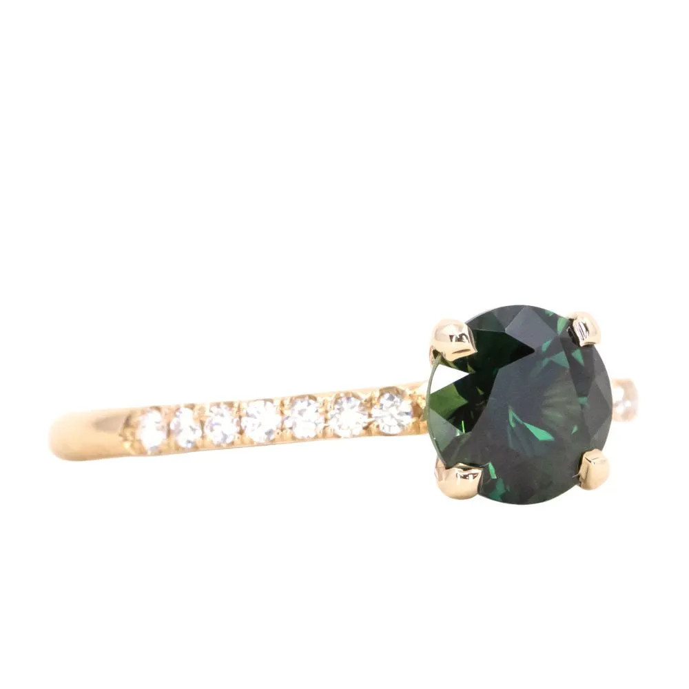 1.39ct Round Teal Green Nigerian Sapphire and French Set Diamond Solitaire in 14k Yellow Gold