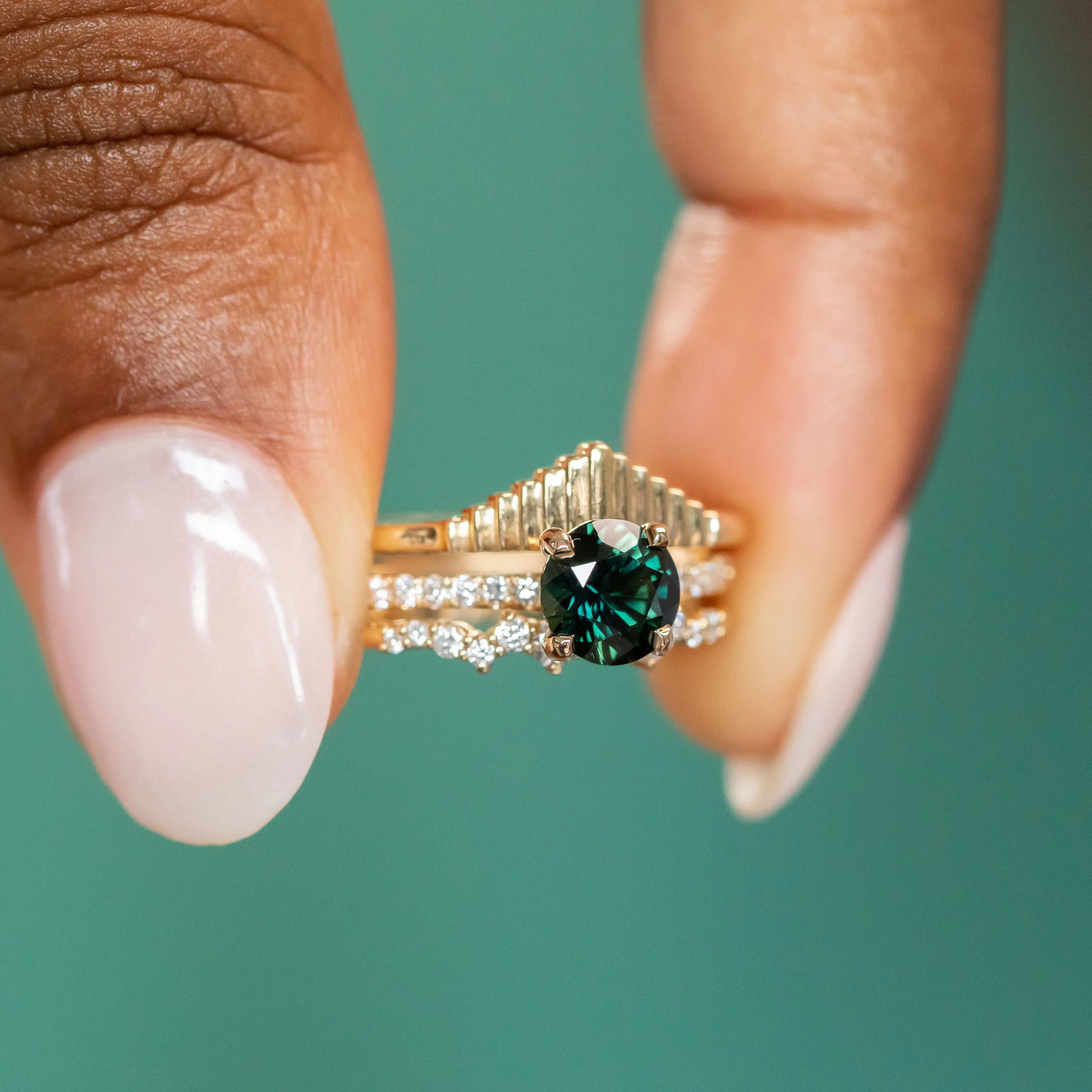 1.39ct Round Teal Green Nigerian Sapphire and French Set Diamond Solitaire in 14k Yellow Gold