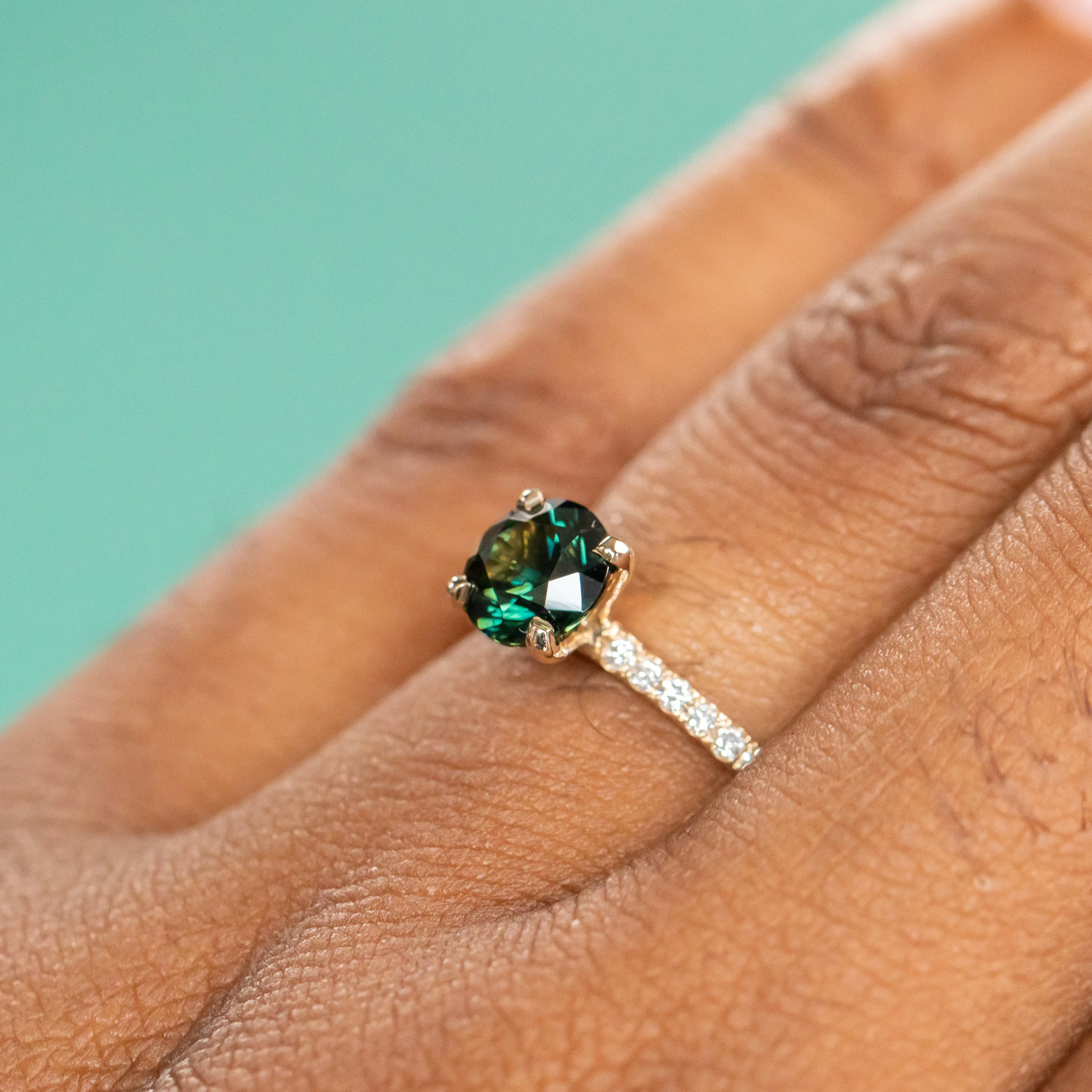 1.39ct Round Teal Green Nigerian Sapphire and French Set Diamond Solitaire in 14k Yellow Gold