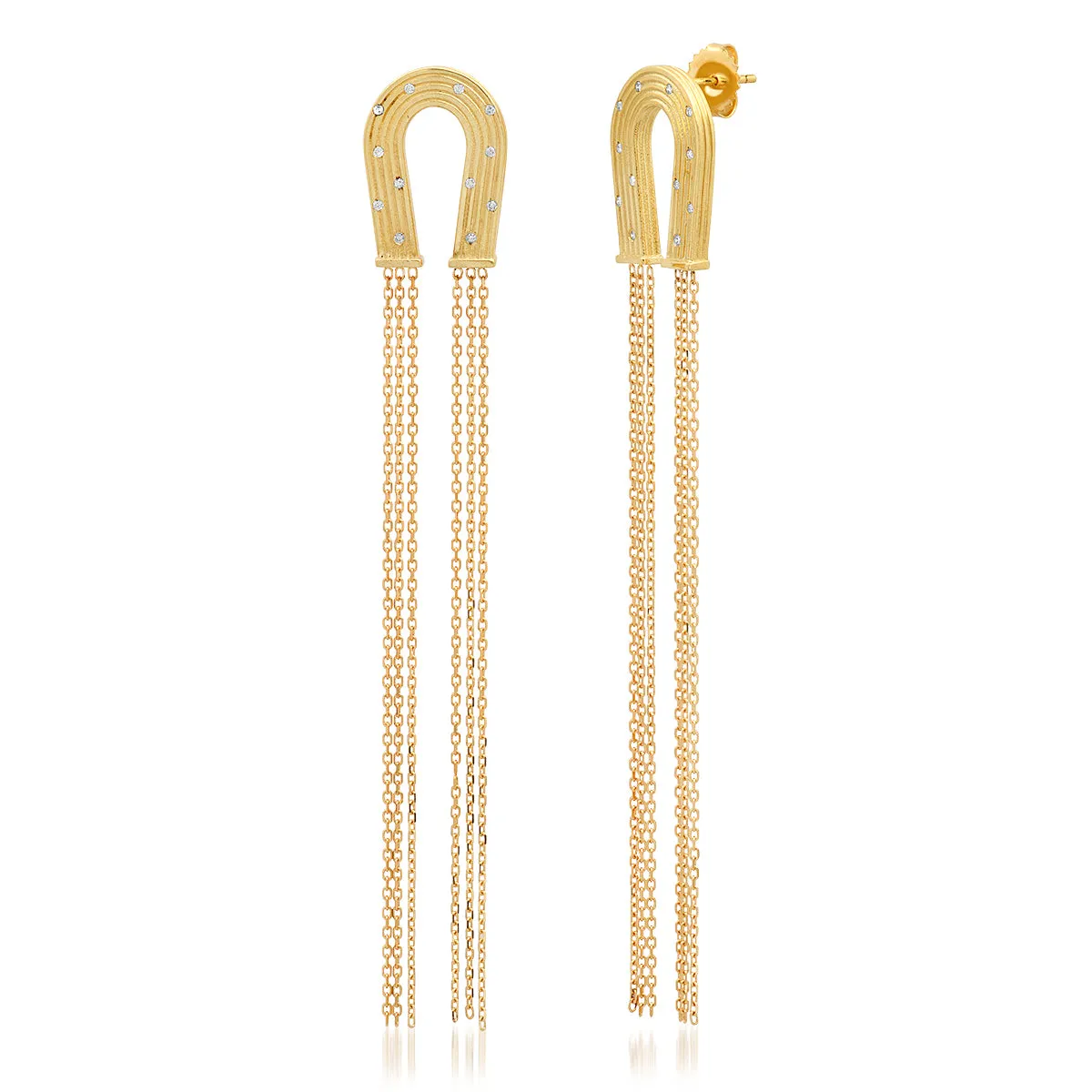 14K Yellow Gold and Diamond Tassel Horseshoe Earrings