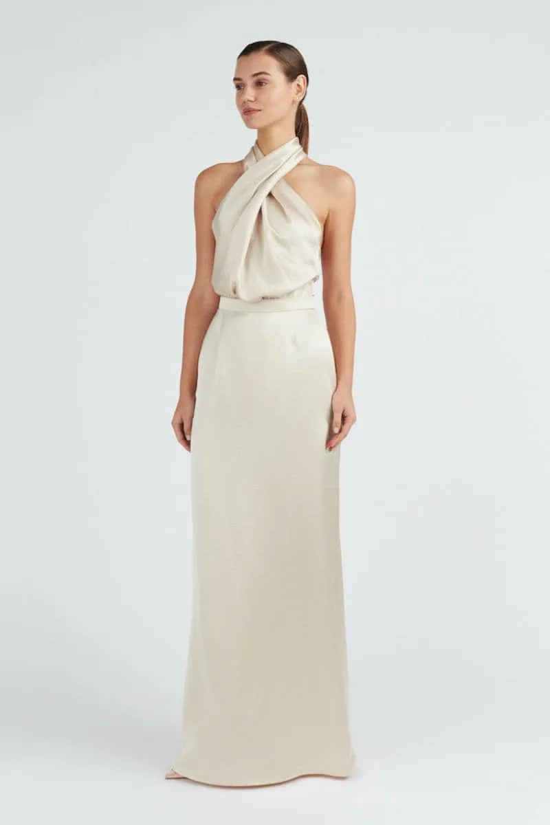 ALIUR CHAMPAGNE HALTER NECK EVENING DRESS