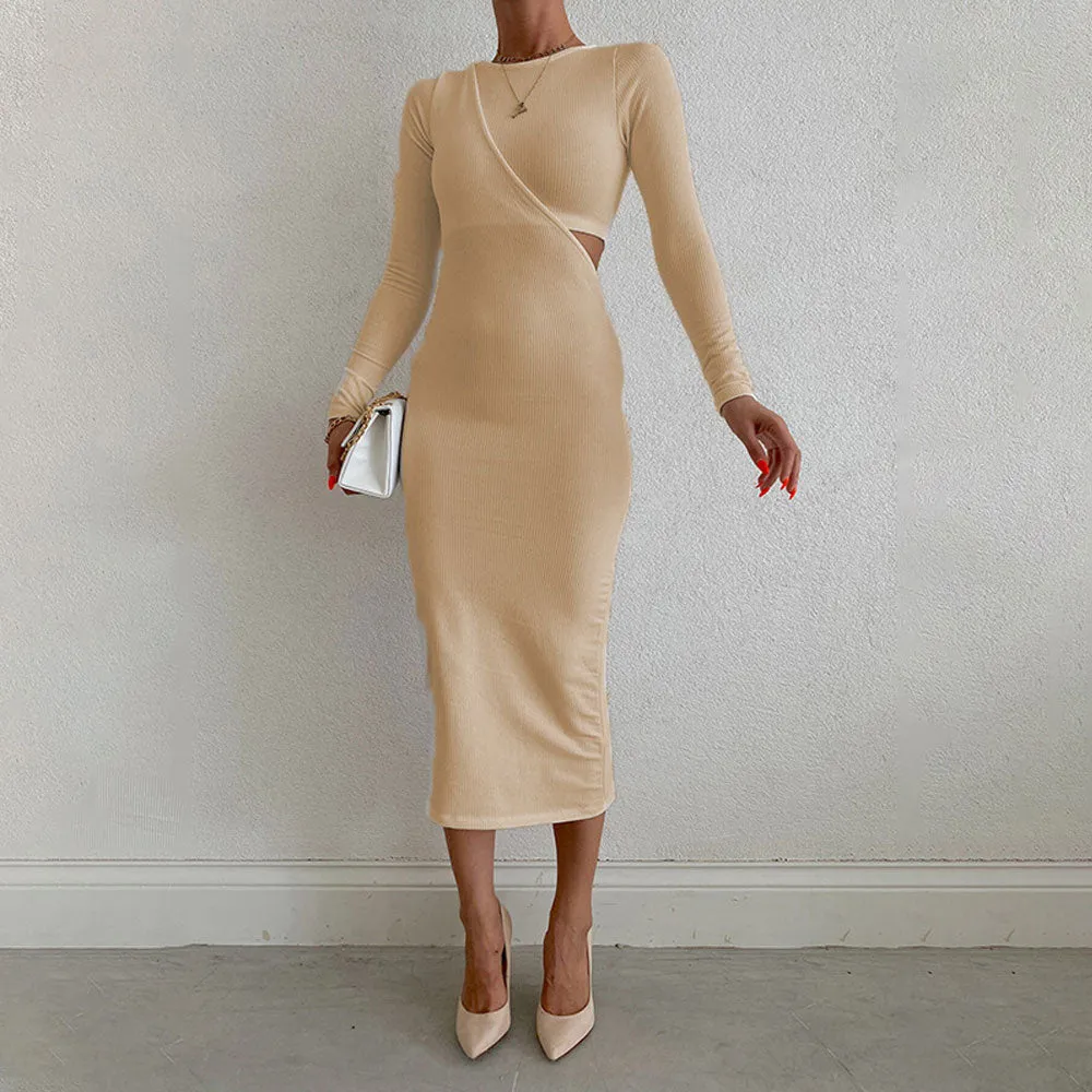 Backless Knitted O Neck Midi Dress