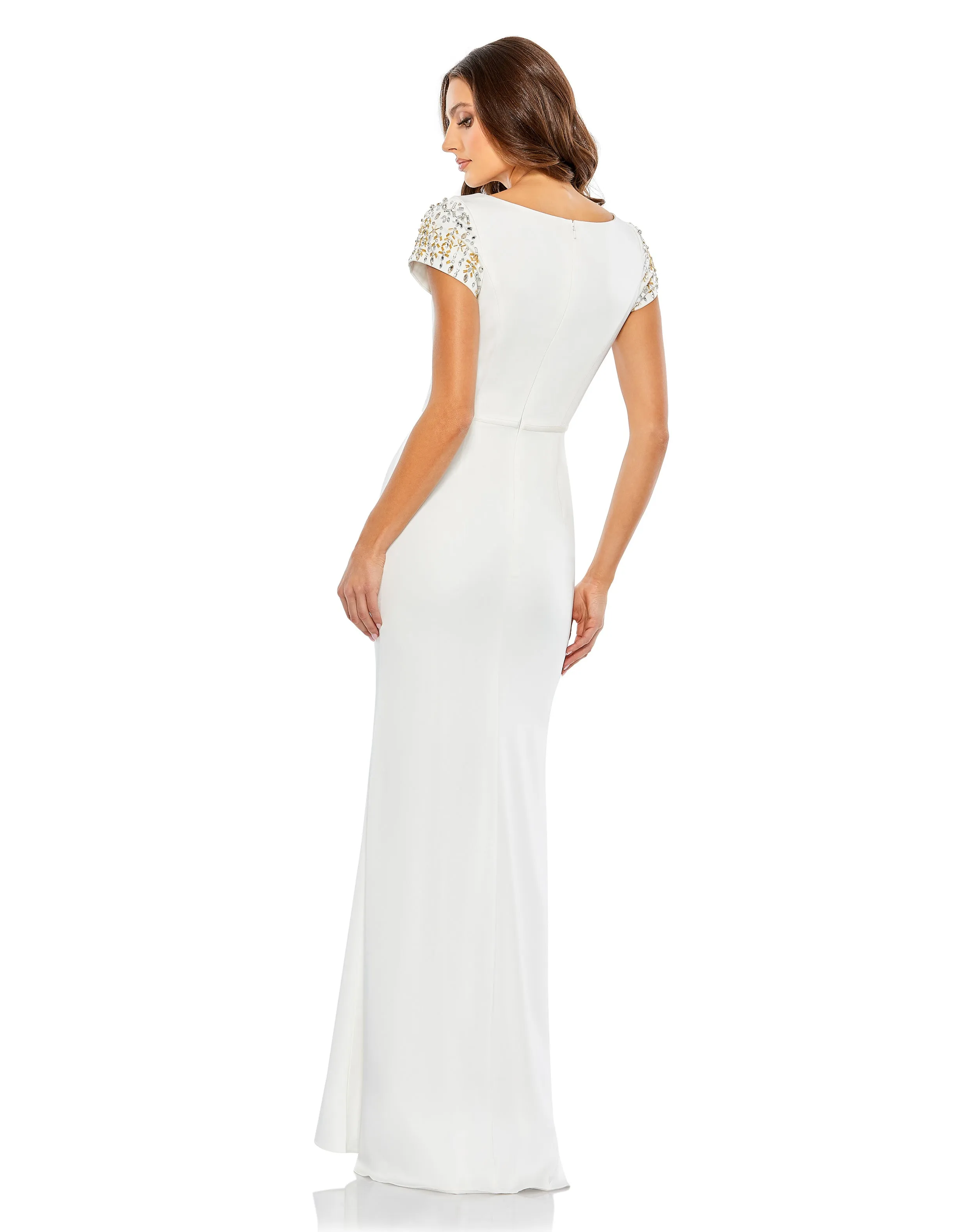 Beaded Cap Sleeve Bateau Column Gown