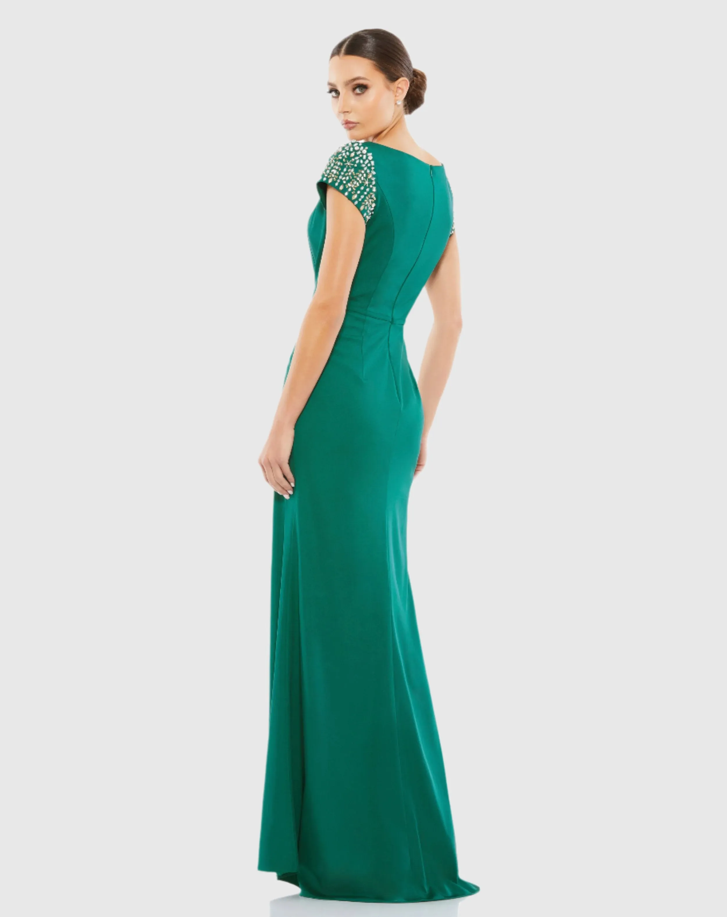 Beaded Cap Sleeve Bateau Column Gown