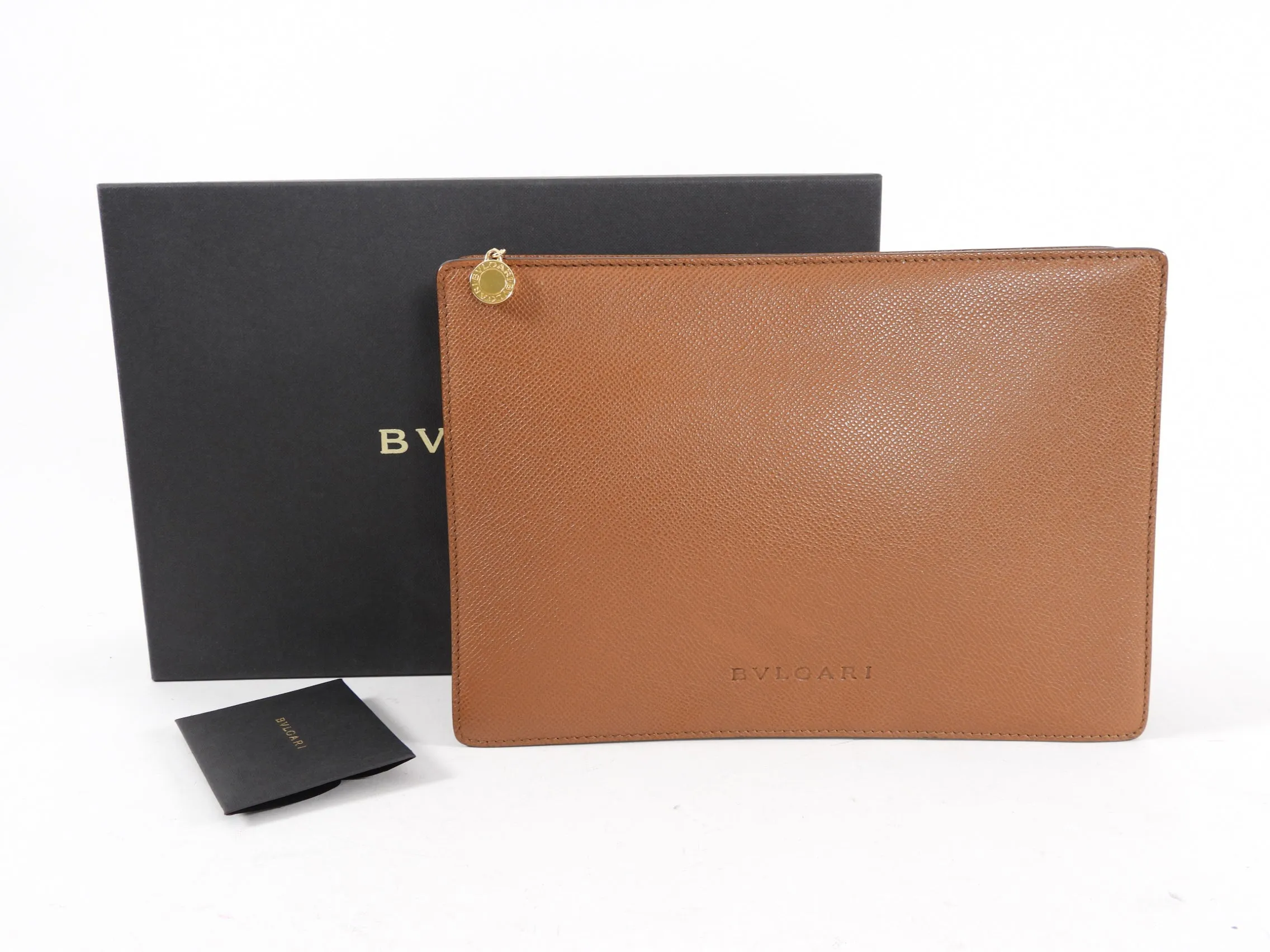 Bvlgari Cognac Brown Leather Zip Toiletry / Travel Pouch