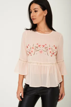 Chiffon Floral Embroidered Top Ex Brand