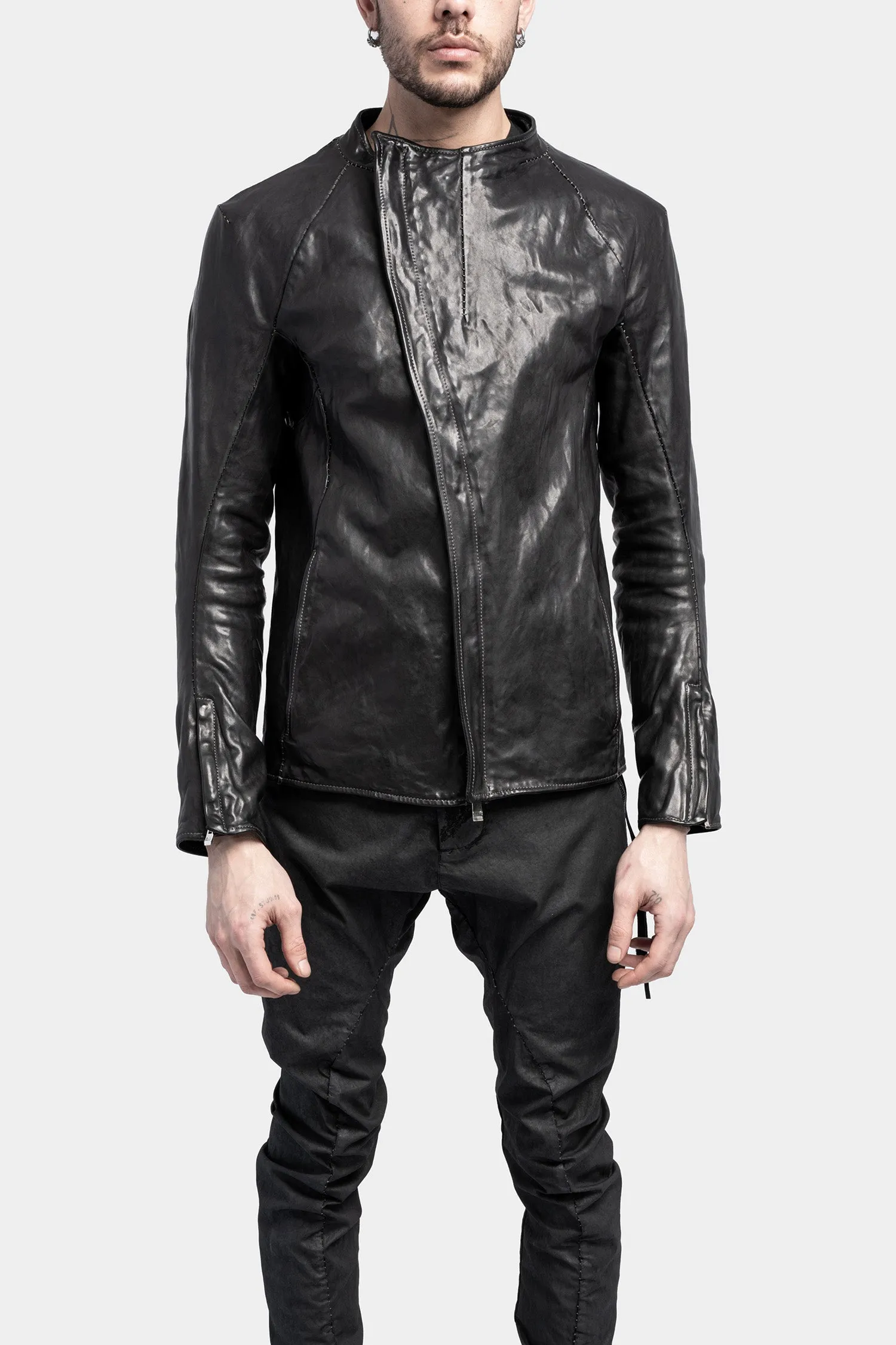 Collarless curved zip leather jacket