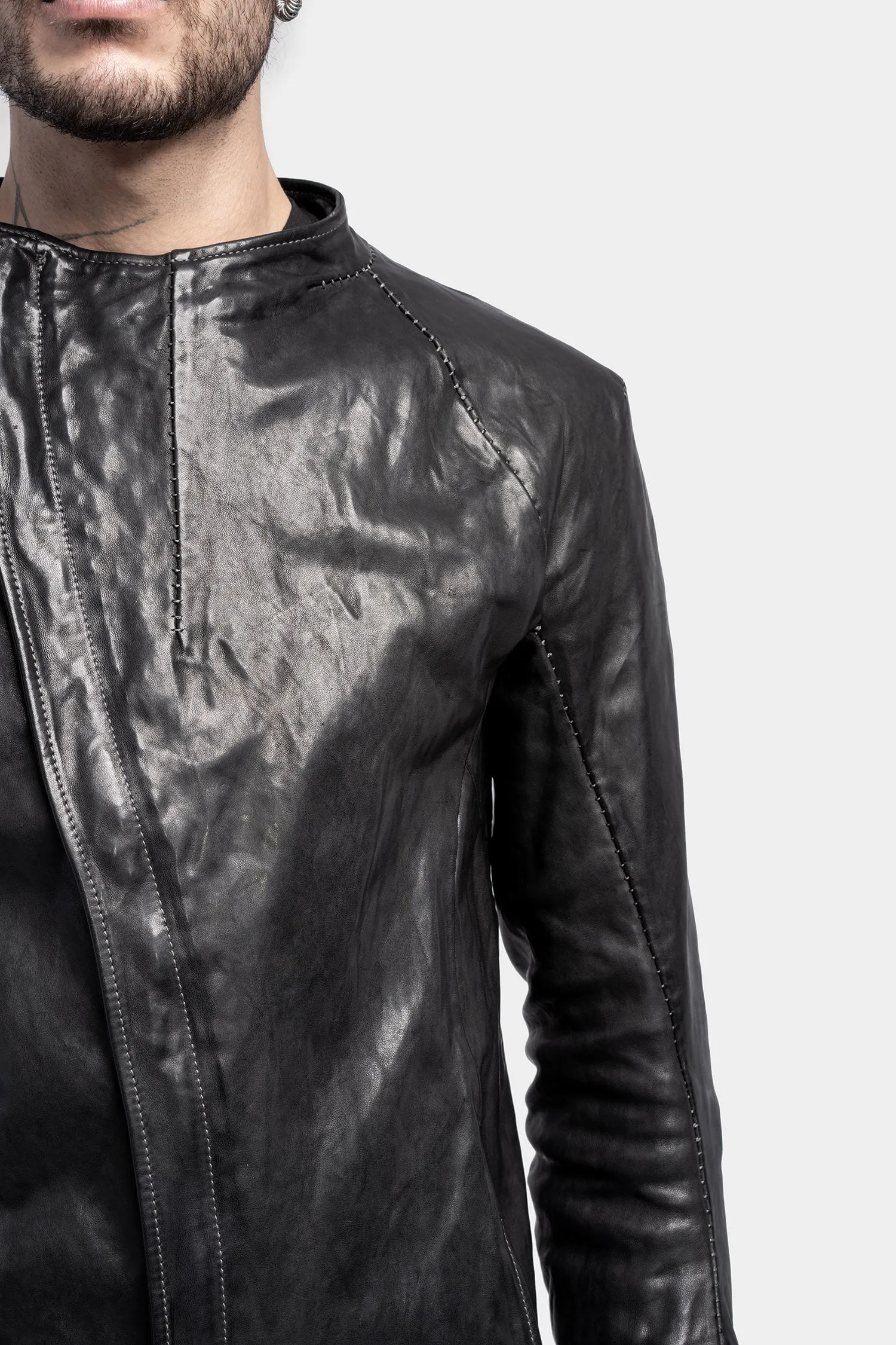 Collarless curved zip leather jacket