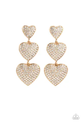 Couples Retreat Gold & White Rhinestone Heart Earrings - Paparazzi Accessories