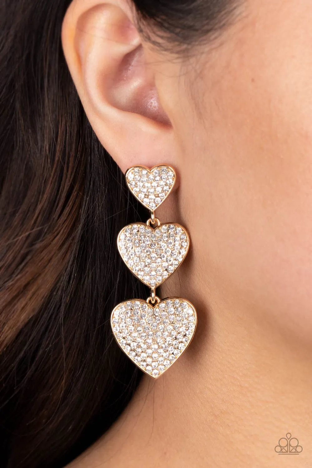 Couples Retreat Gold & White Rhinestone Heart Earrings - Paparazzi Accessories