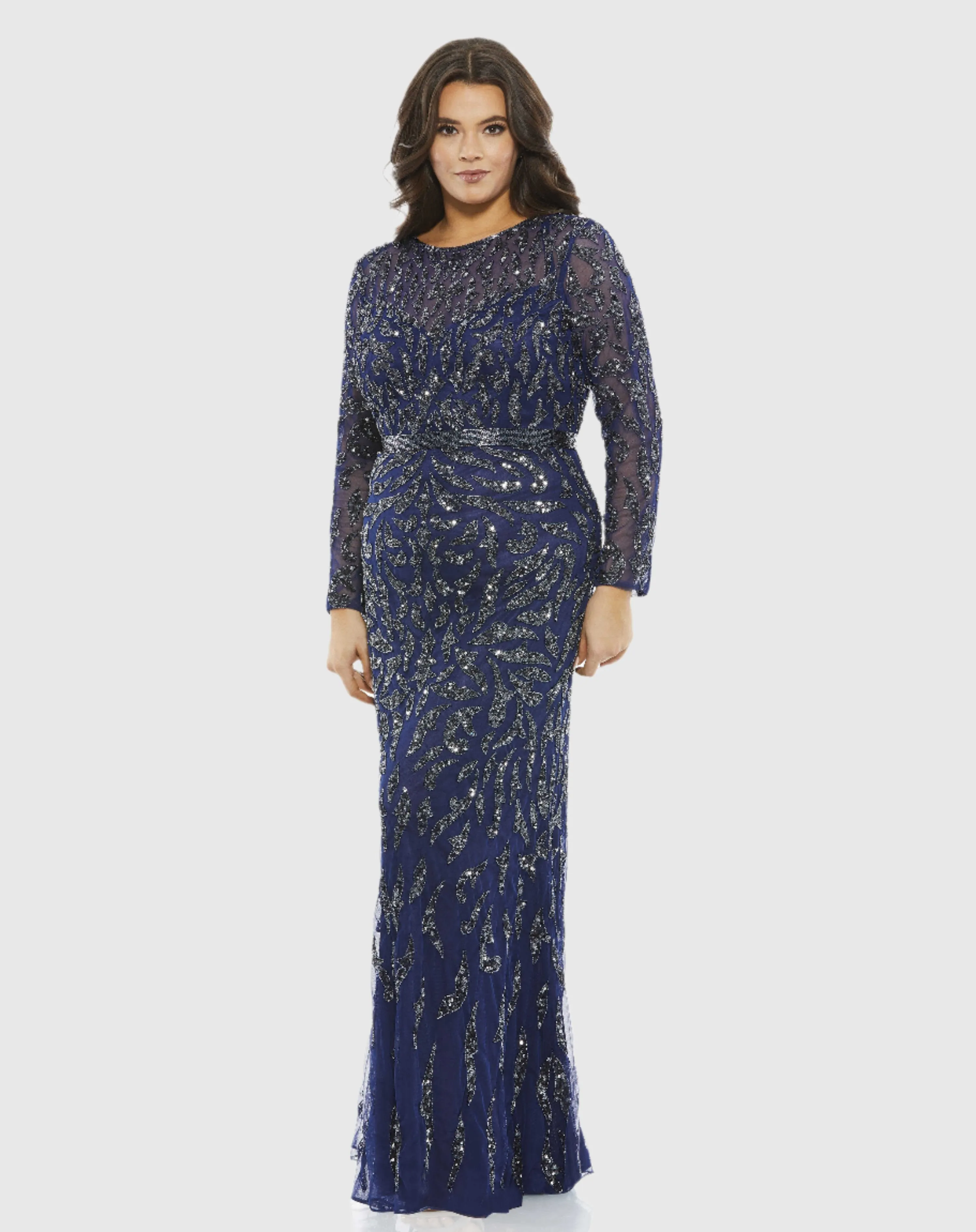 Embellished Illusion Sleeve Column Gown (Plus)