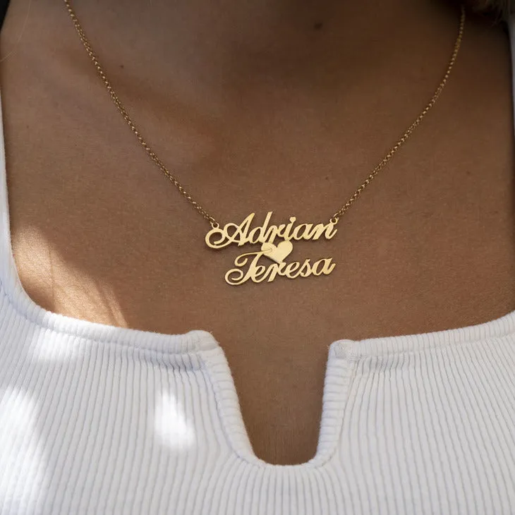 Gold Two Names and Heart Necklace