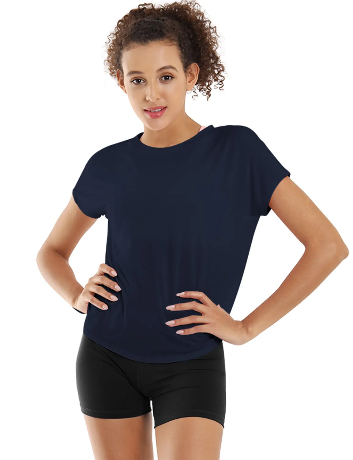 Hip Length Short Sleeve Shirt darknavy_yogastudio