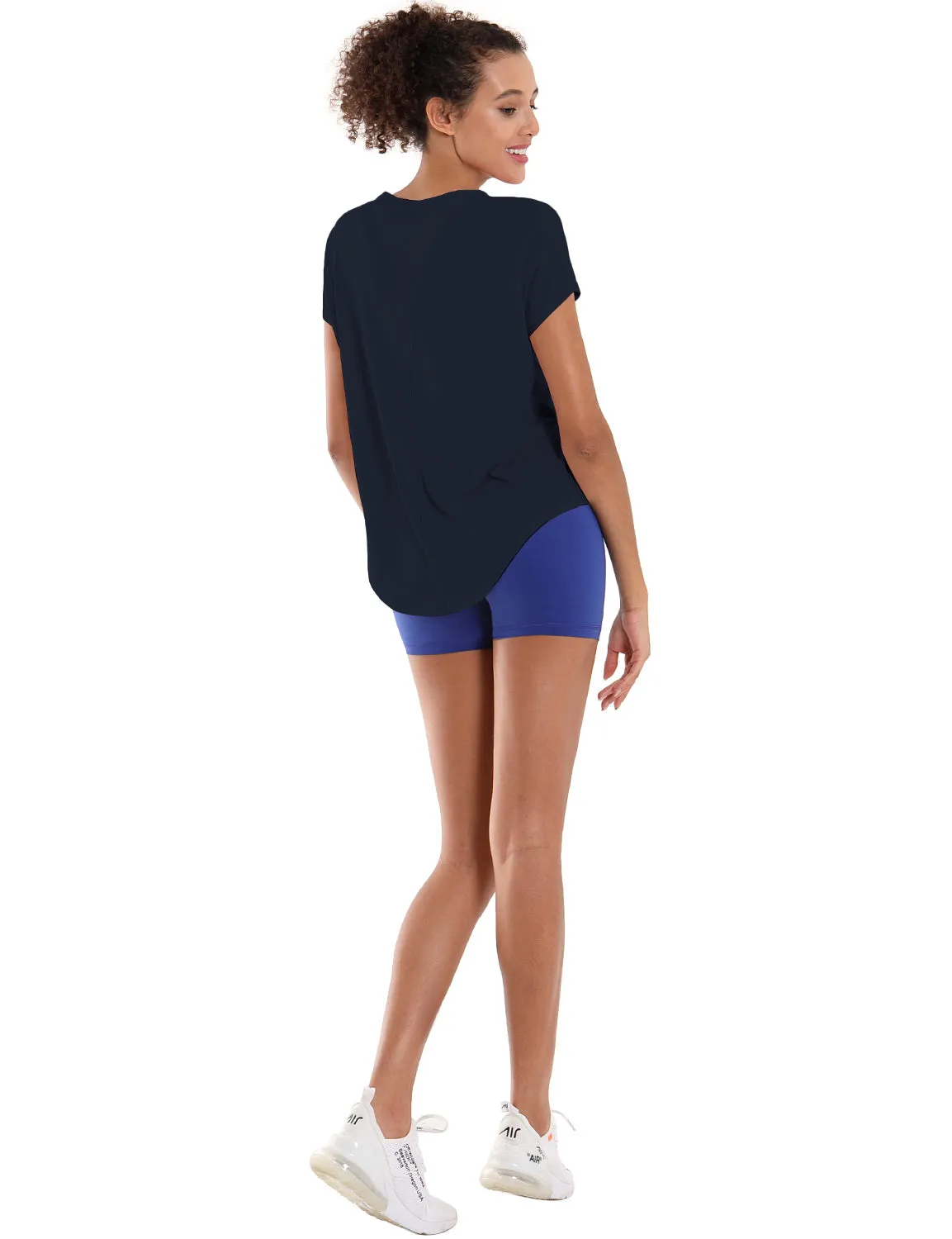 Hip Length Short Sleeve Shirt darknavy_yogastudio