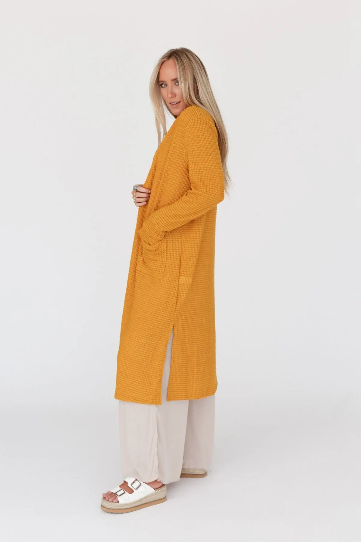 Jayde Waffle Knit Cardigan - Mustard