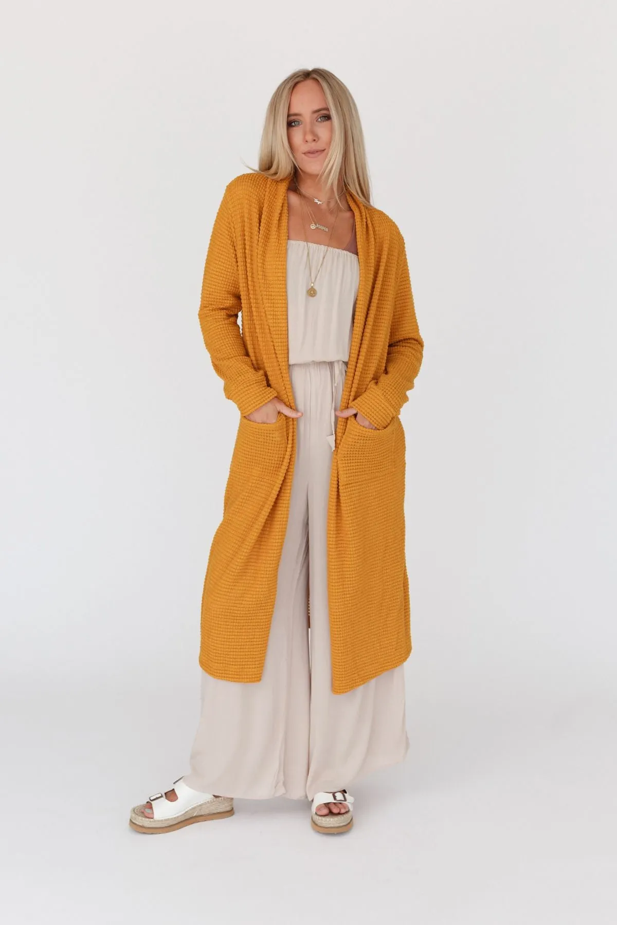 Jayde Waffle Knit Cardigan - Mustard