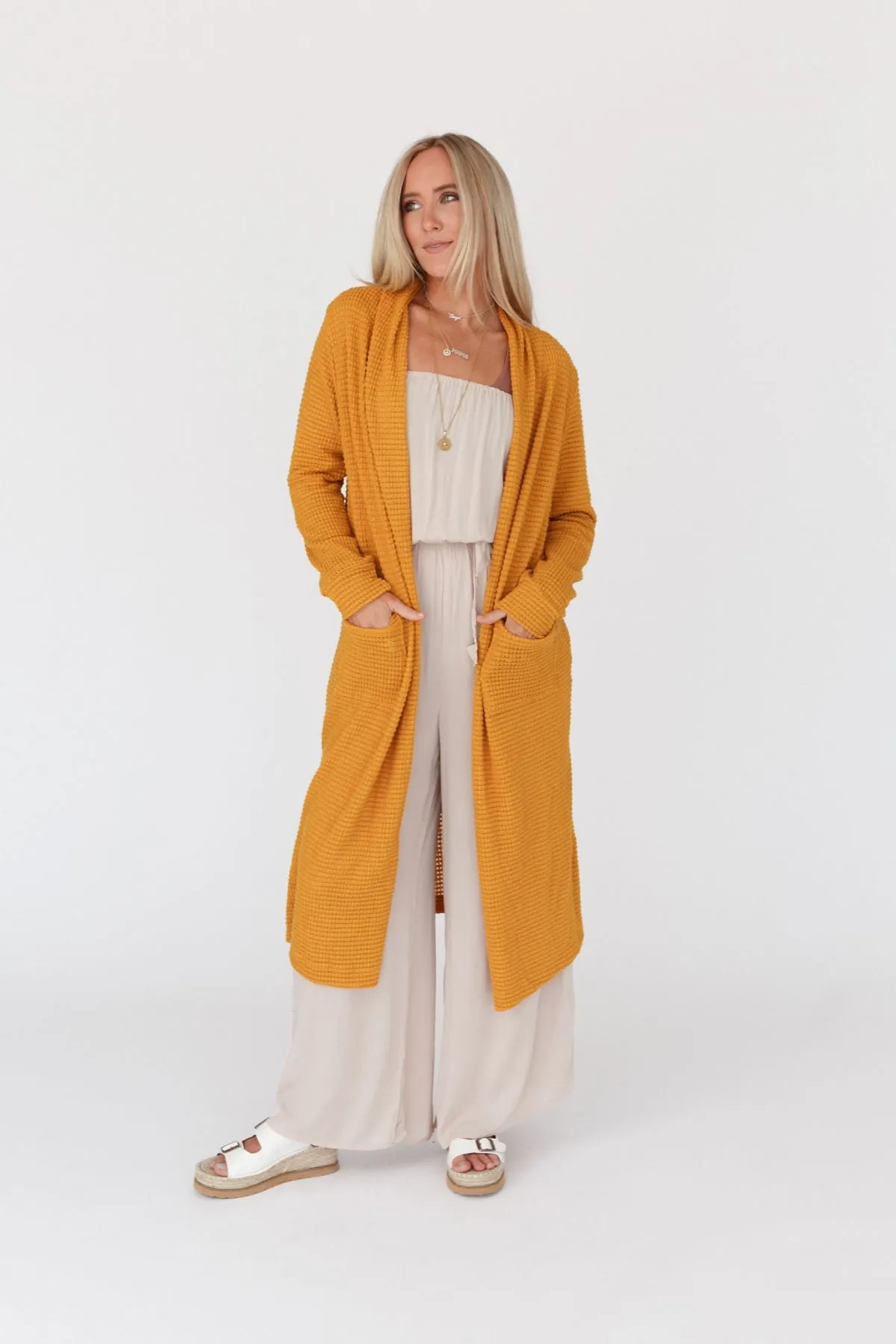 Jayde Waffle Knit Cardigan - Mustard