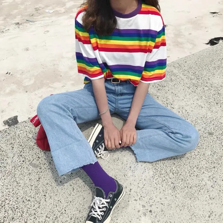 KOREAN RETRO RAINBOW STRIPE T-SHIRT BY22106