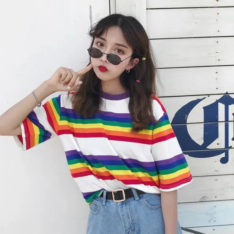 KOREAN RETRO RAINBOW STRIPE T-SHIRT BY22106