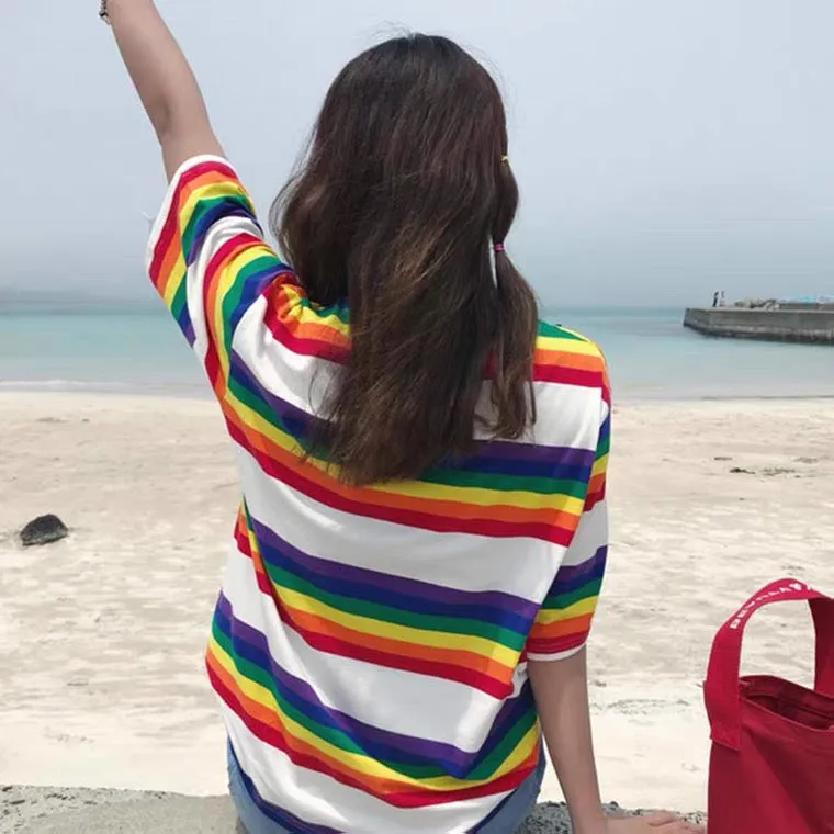 KOREAN RETRO RAINBOW STRIPE T-SHIRT BY22106