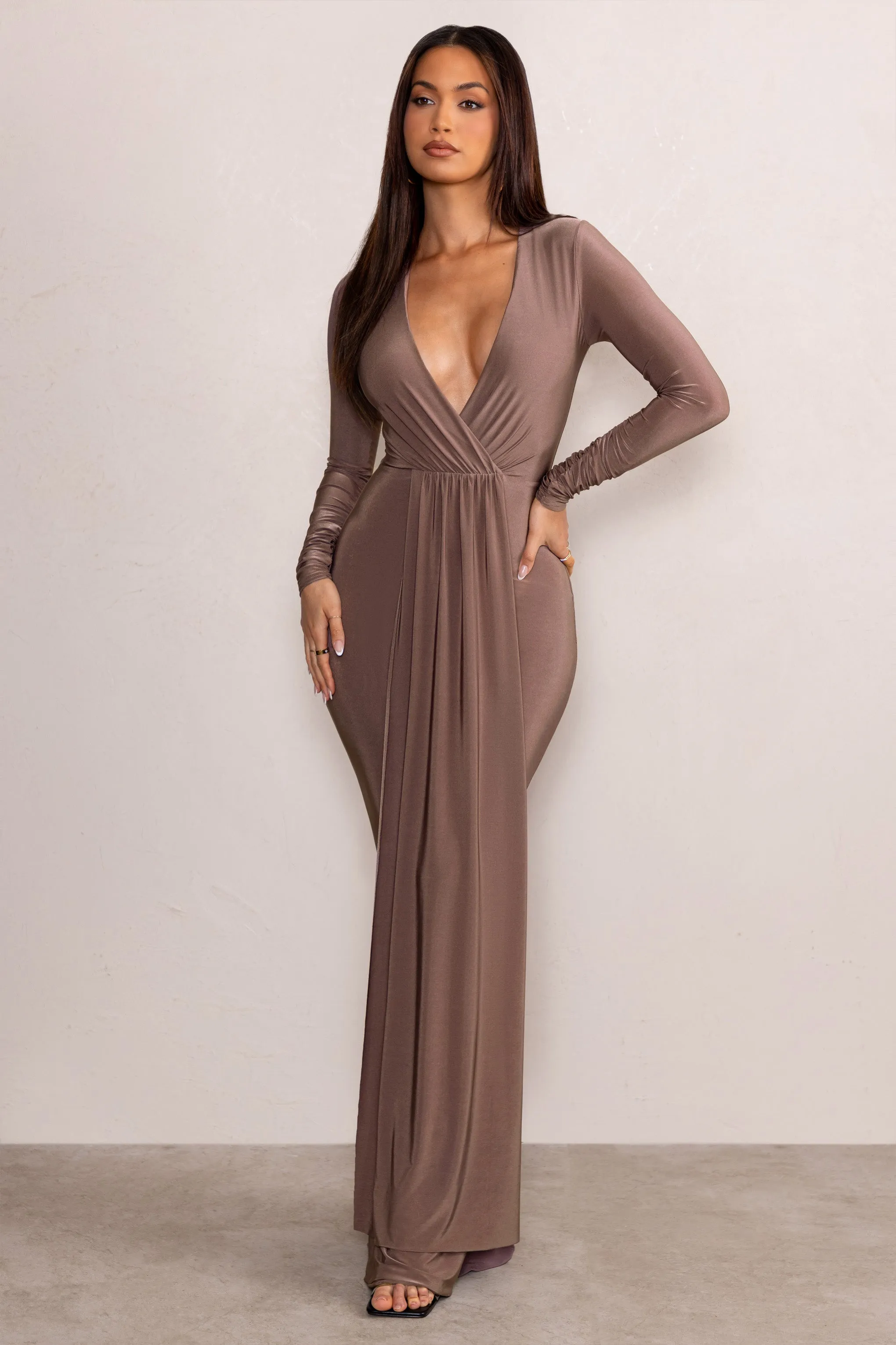 Kyle | Mocha Long Sleeve Plunge Maxi Dress