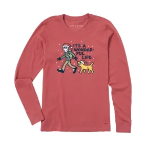 Life Is Good Women's Jake and Rocket Wonderful Life Long Sleeve Crusher Tee - Faded Red