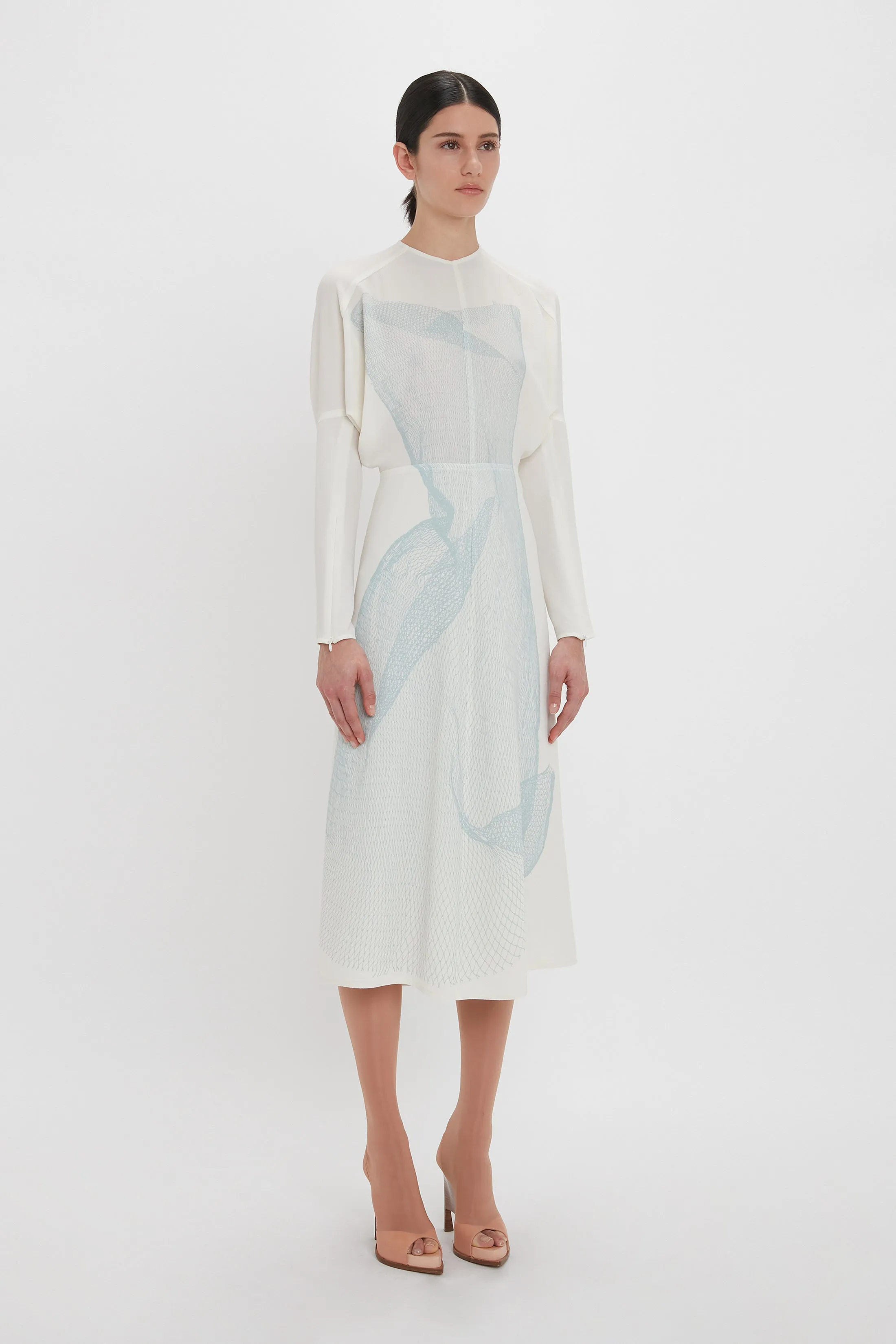 Long Sleeve Dolman Midi Dress In White-Blue Contorted Net