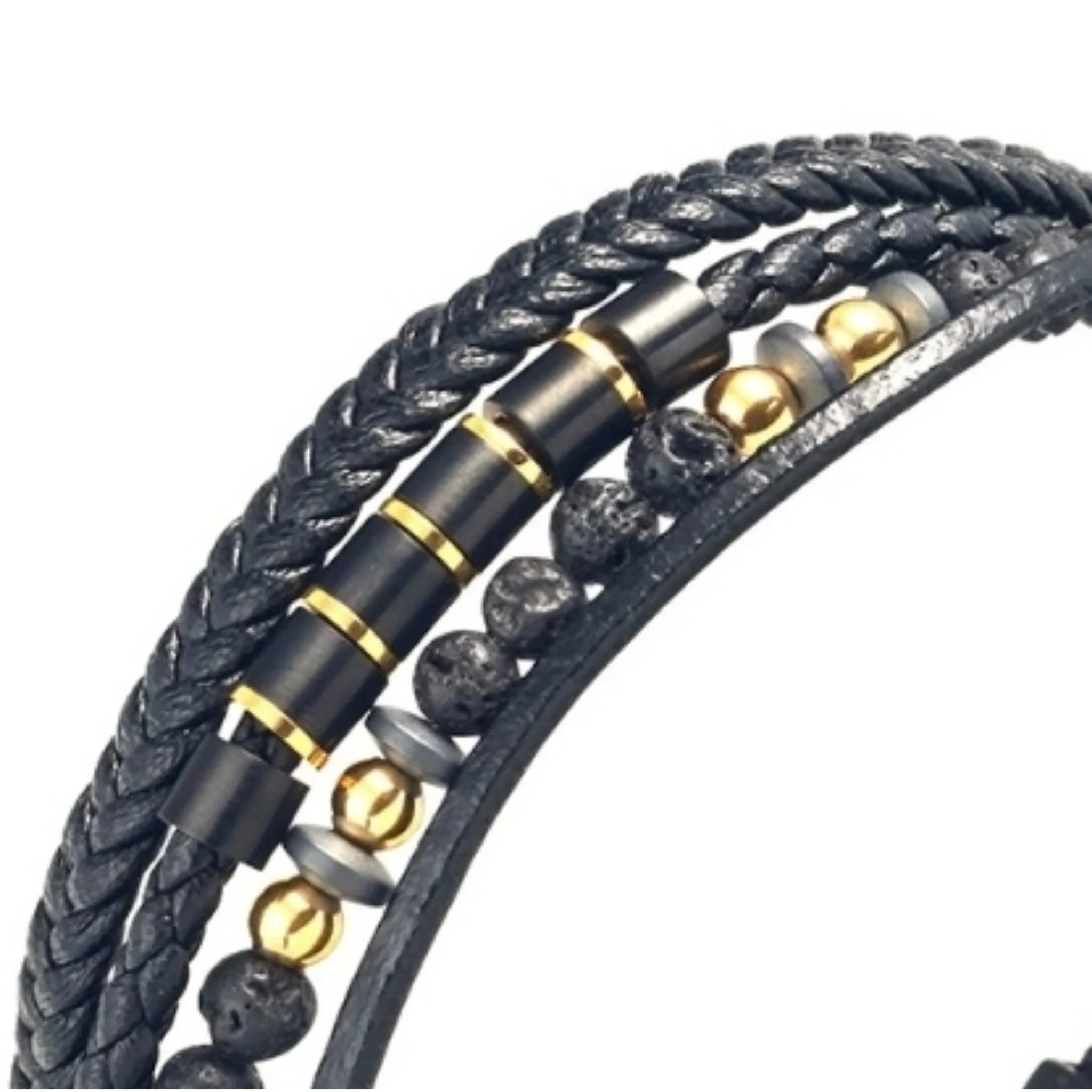 Mens stone leather stainless steel bracelet black gold