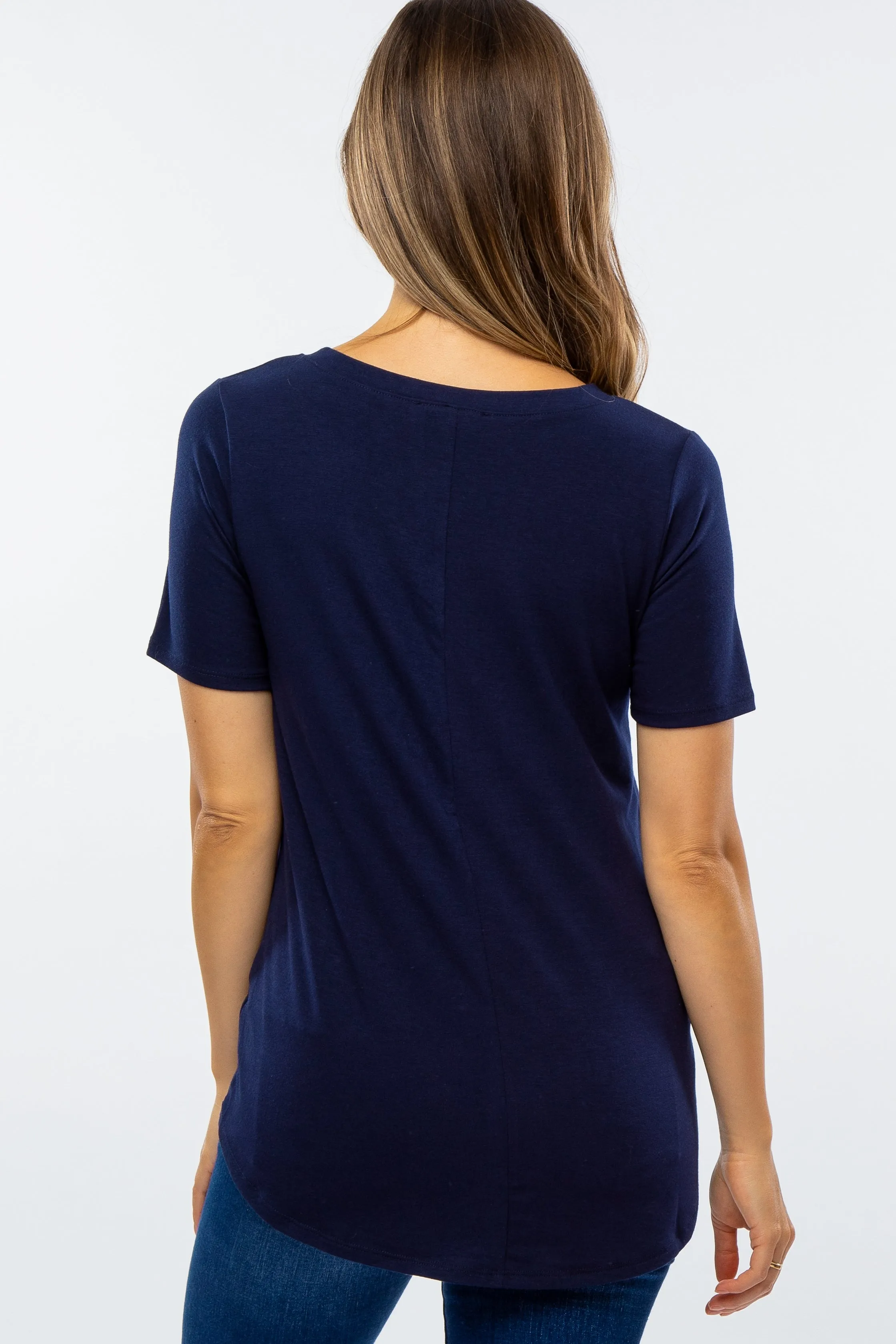 Navy Blue V-Neck Maternity Short Sleeve Round Hem Top