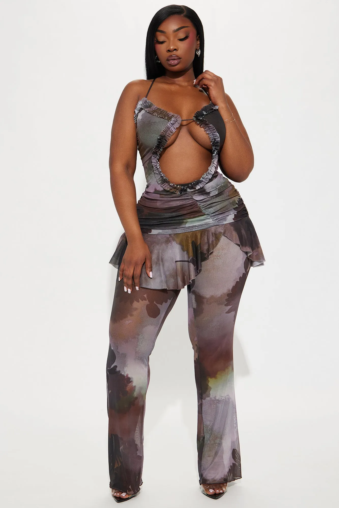 Olivia Mesh Pant Set - Brown/combo