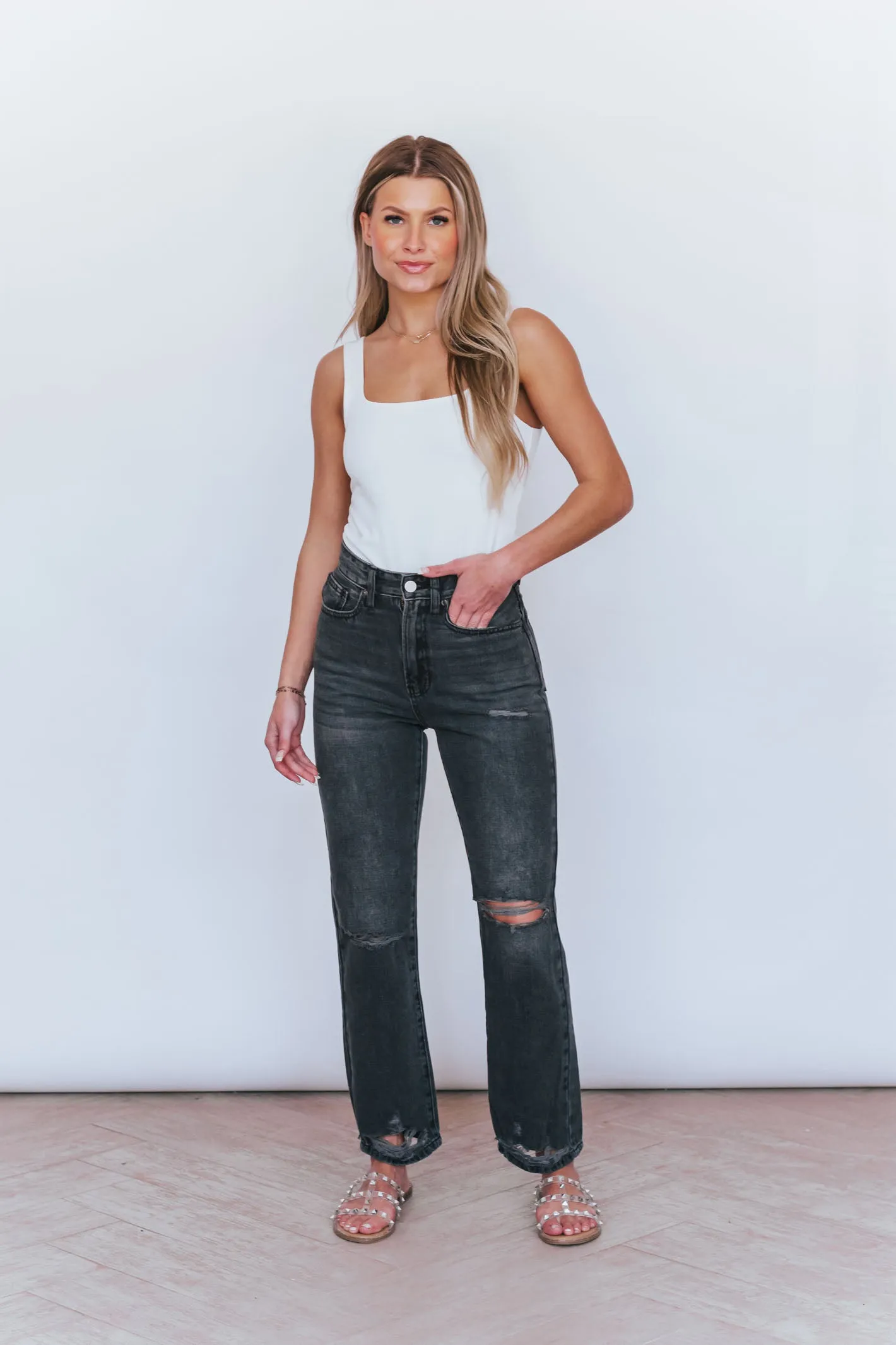 Run For It Washed Black High Rise Distressed Jeans