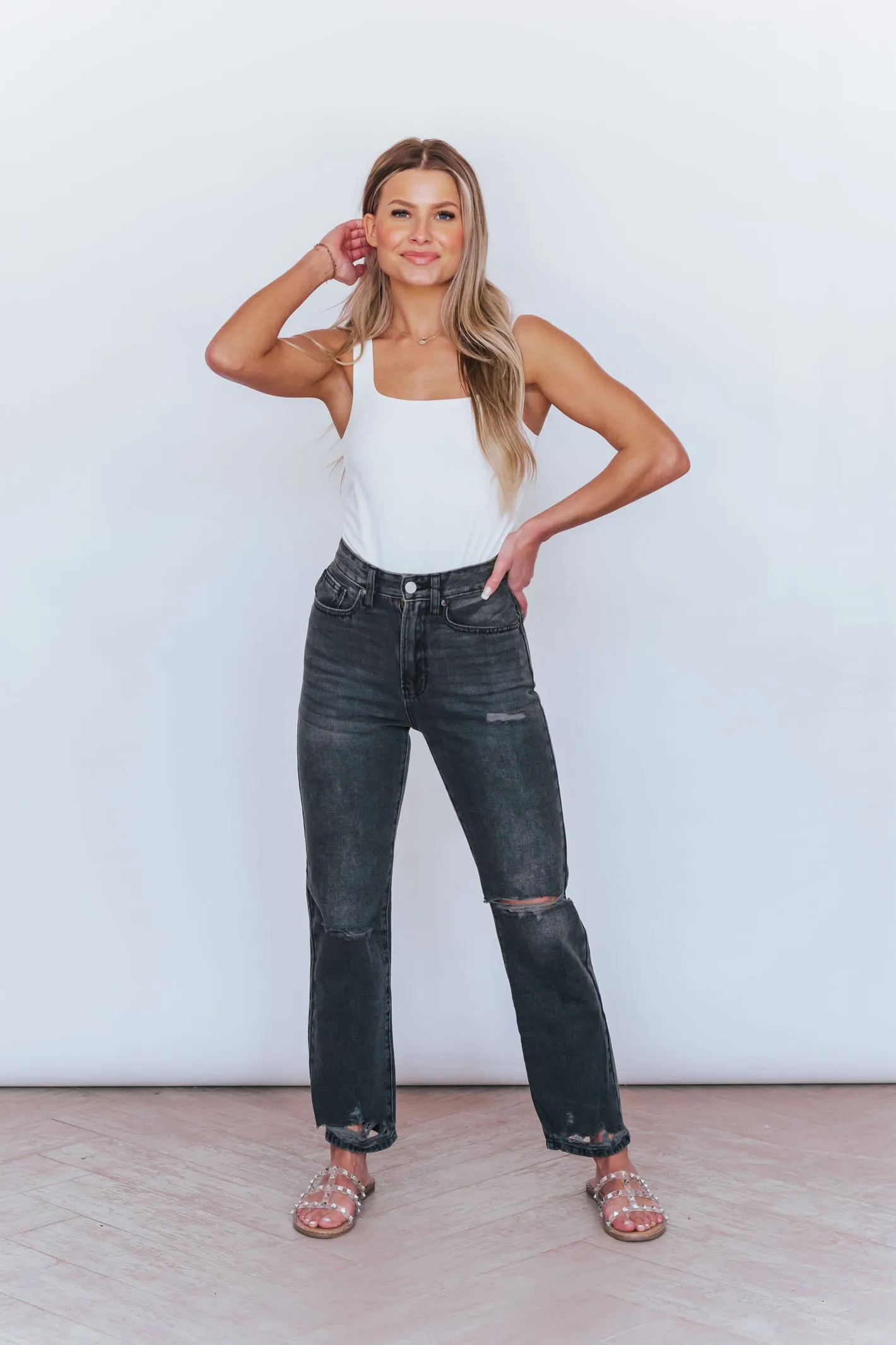 Run For It Washed Black High Rise Distressed Jeans