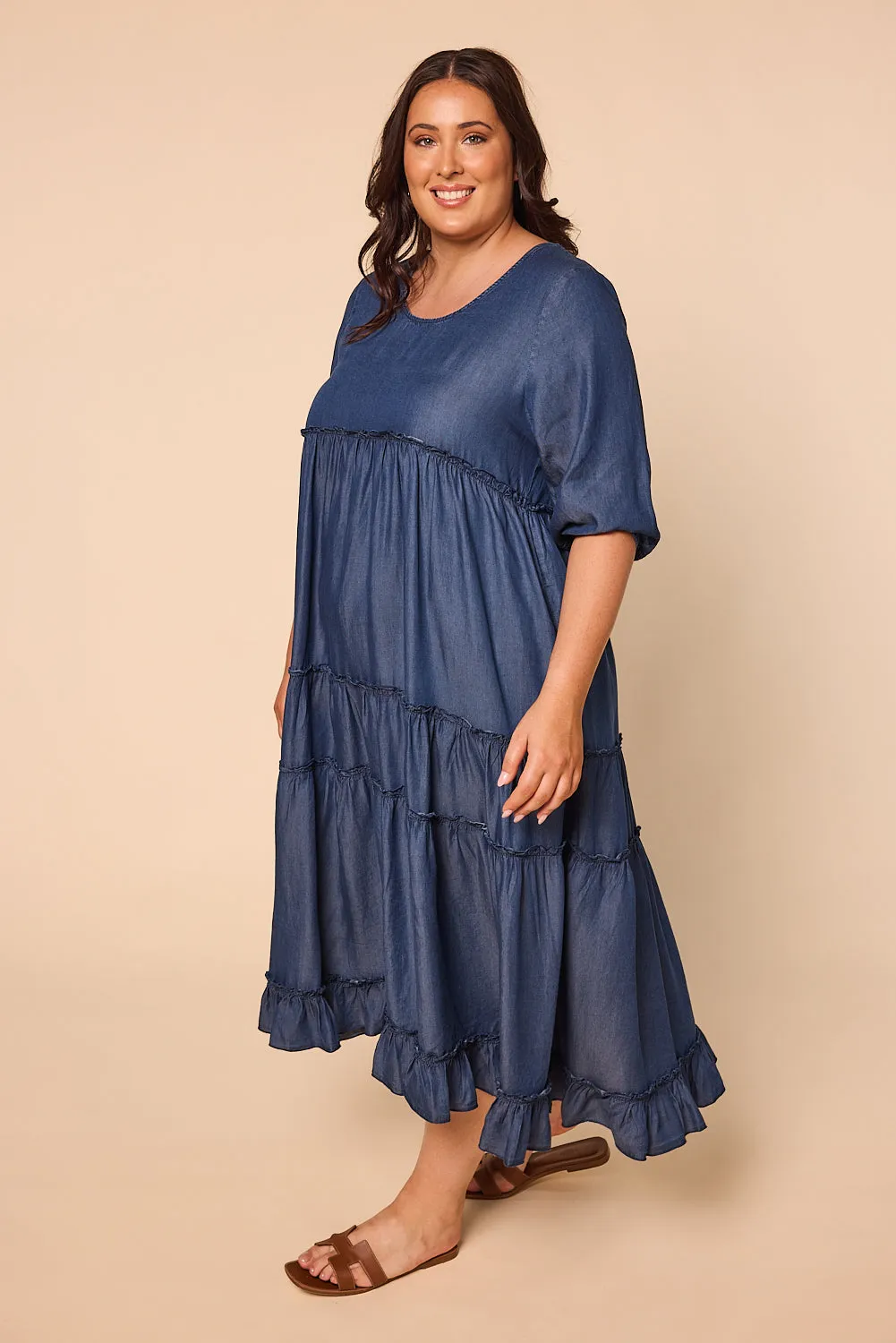 Sabre Frill 3/4 Sleeve Maxi Tencel Dress in Mid Wash