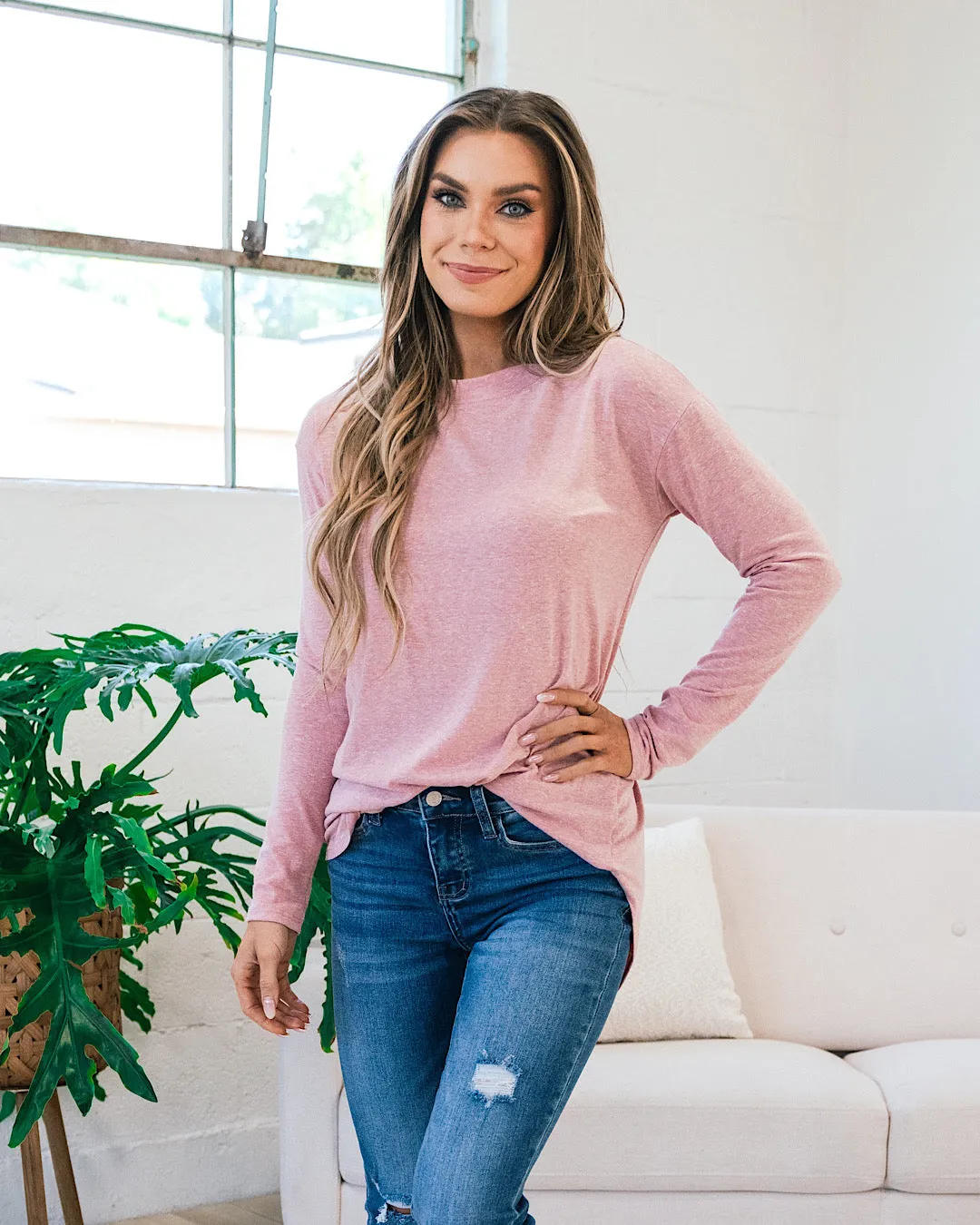 Slub Knit Long Sleeve Top - Rose