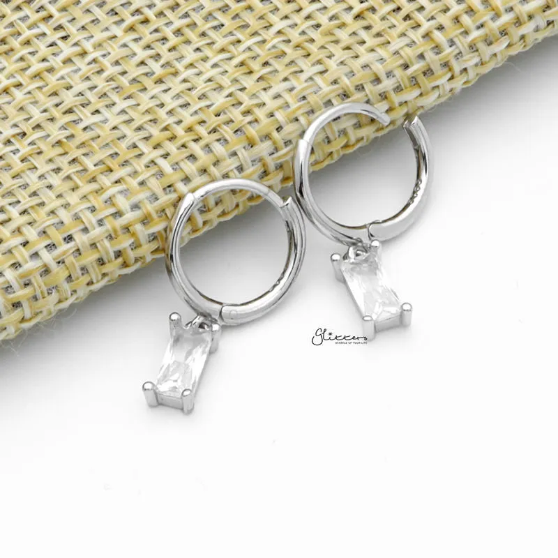 Sterling Silver Huggie Hoop Earrings with Dangle Baguette CZ - Silver