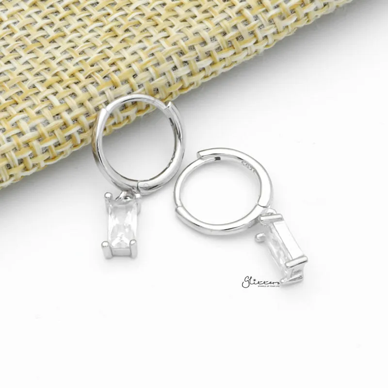 Sterling Silver Huggie Hoop Earrings with Dangle Baguette CZ - Silver