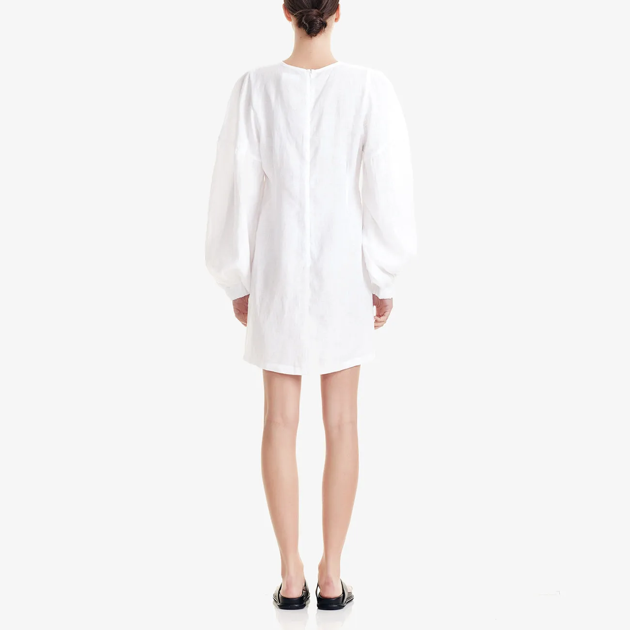 W BALLOON SLEEVE DRESS WHITE LINEN